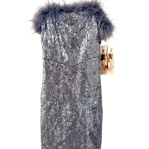 Honey and Rosie Silver Sequin Dress with Feather Detail